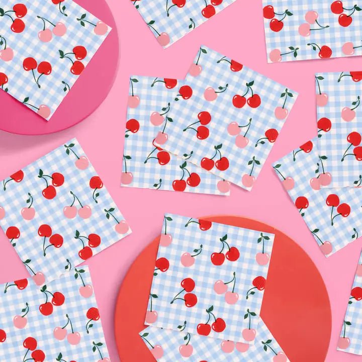 Red cherry gingham napkins with pink and blue picnic theme from Parte Haus party supply store in Bethesda Maryland