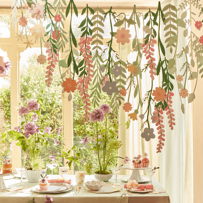 Pastel floral garland hanging decoration with spring flowers theme from Parte Haus party supply store in Bethesda Maryland