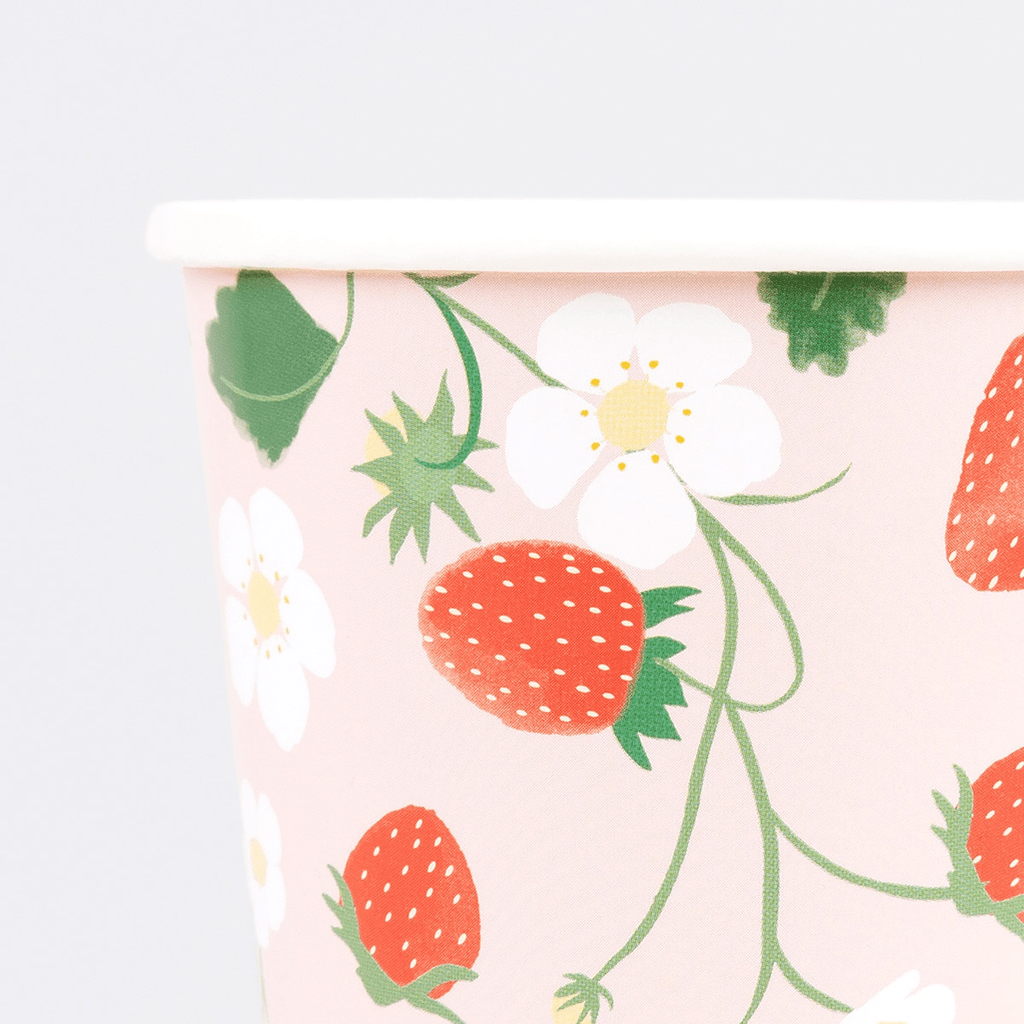 Pink strawberry floral paper cup with white rim spring theme from Parte Haus party supply store in Bethesda Maryland