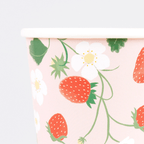 Pink strawberry floral paper cup with white rim spring theme from Parte Haus party supply store in Bethesda Maryland