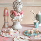 Floral pastel paper plates and cups tea party theme from Parte Haus party supply store in Bethesda Maryland