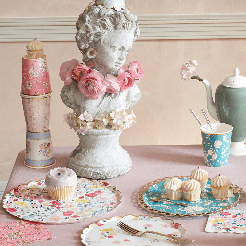 Floral pastel paper plates and cups tea party theme from Parte Haus party supply store in Bethesda Maryland
