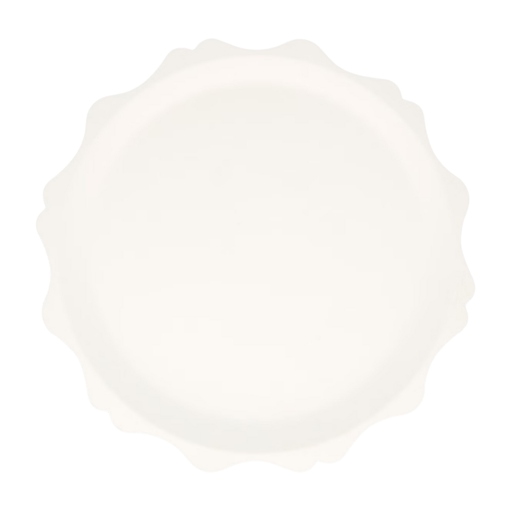 White scalloped round plate elegant design from Parte Haus party supply store in Bethesda Maryland