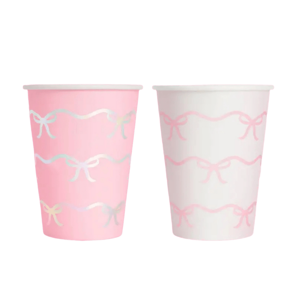 Pink and white paper cups with pastel ribbon bows birthday theme from Parte Haus party supply store in Bethesda MD