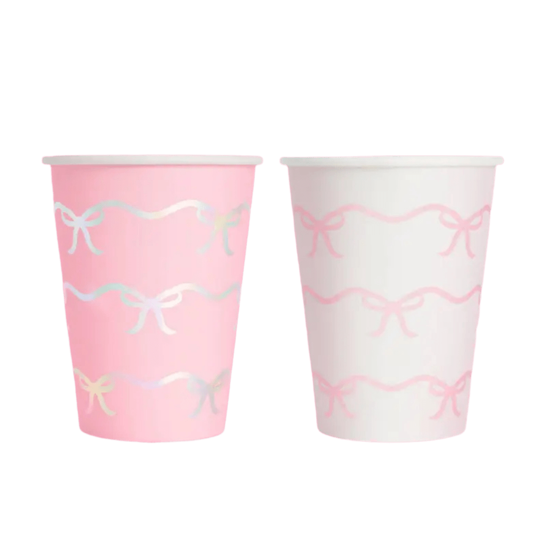 Pink and white paper cups with pastel ribbon bows birthday theme from Parte Haus party supply store in Bethesda MD