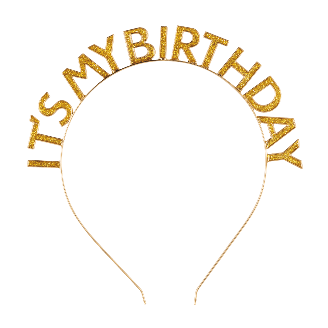 Gold birthday headband with IT'S MY BIRTHDAY letters celebration theme from Parte Haus party supply store in Bethesda MD