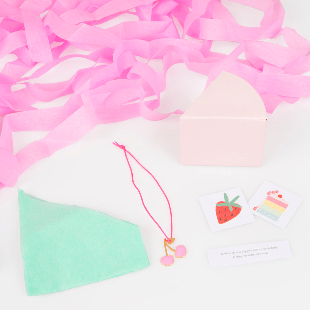 Pink and mint green kids necklace gift set with cherry pendant birthday theme from Parte Haus party supply store in Bethesda Maryland