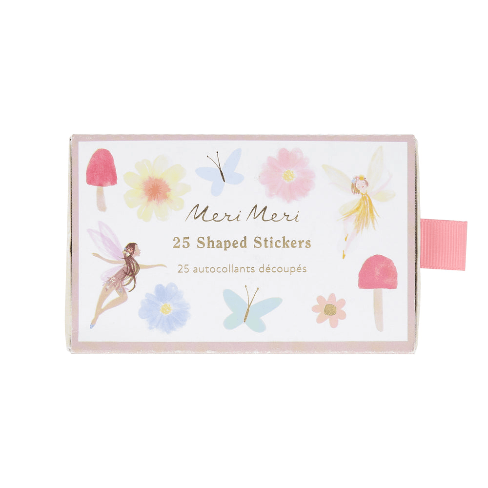 Pastel fairy shaped sticker box featuring butterflies flowers and fairies birthday theme from Parte Haus party supply store in Bethesda Maryland