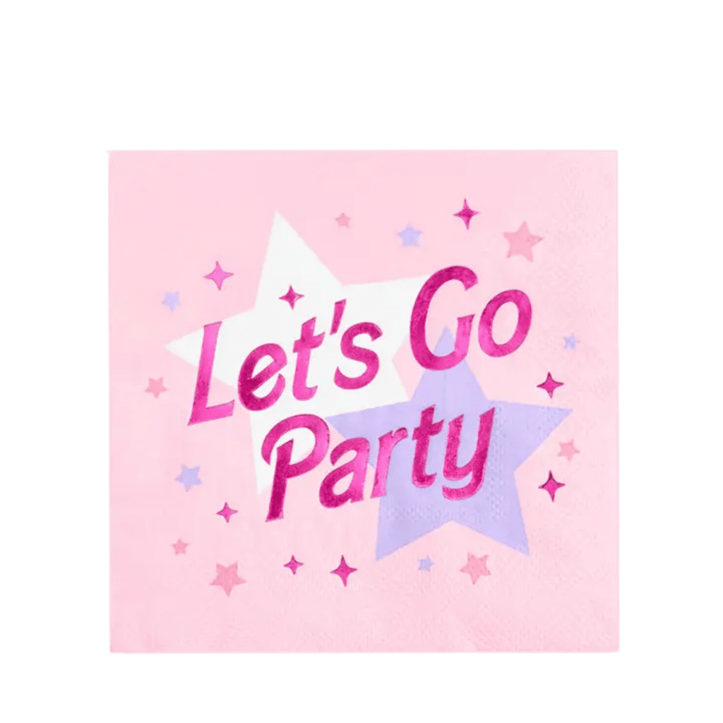 Pink Let's Go Party napkin with stars birthday theme from Parte Haus party supply store in Bethesda MD.