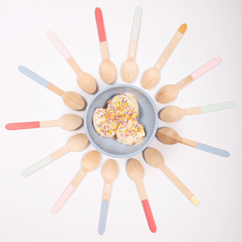 Pastel wooden spoons circle ice cream bowl birthday from Parte Haus party supply store in Bethesda Maryland