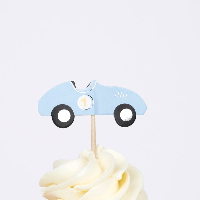 Blue car cupcake topper with number 1 for kids birthday from Parte Haus party supply store in Bethesda Maryland