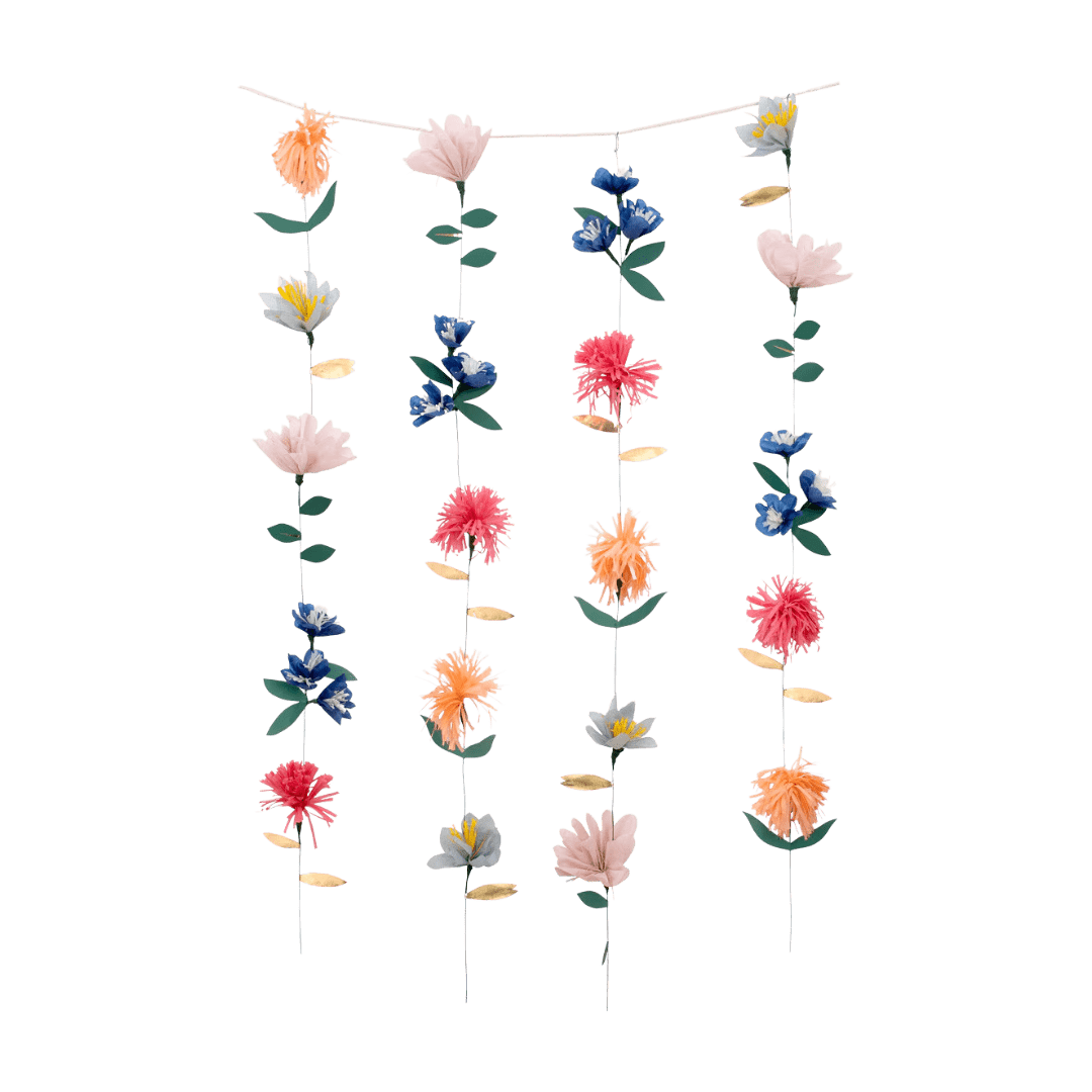 multicolor flower garland hanging floral decoration for spring celebration from Parte Haus party supply store in Bethesda MD