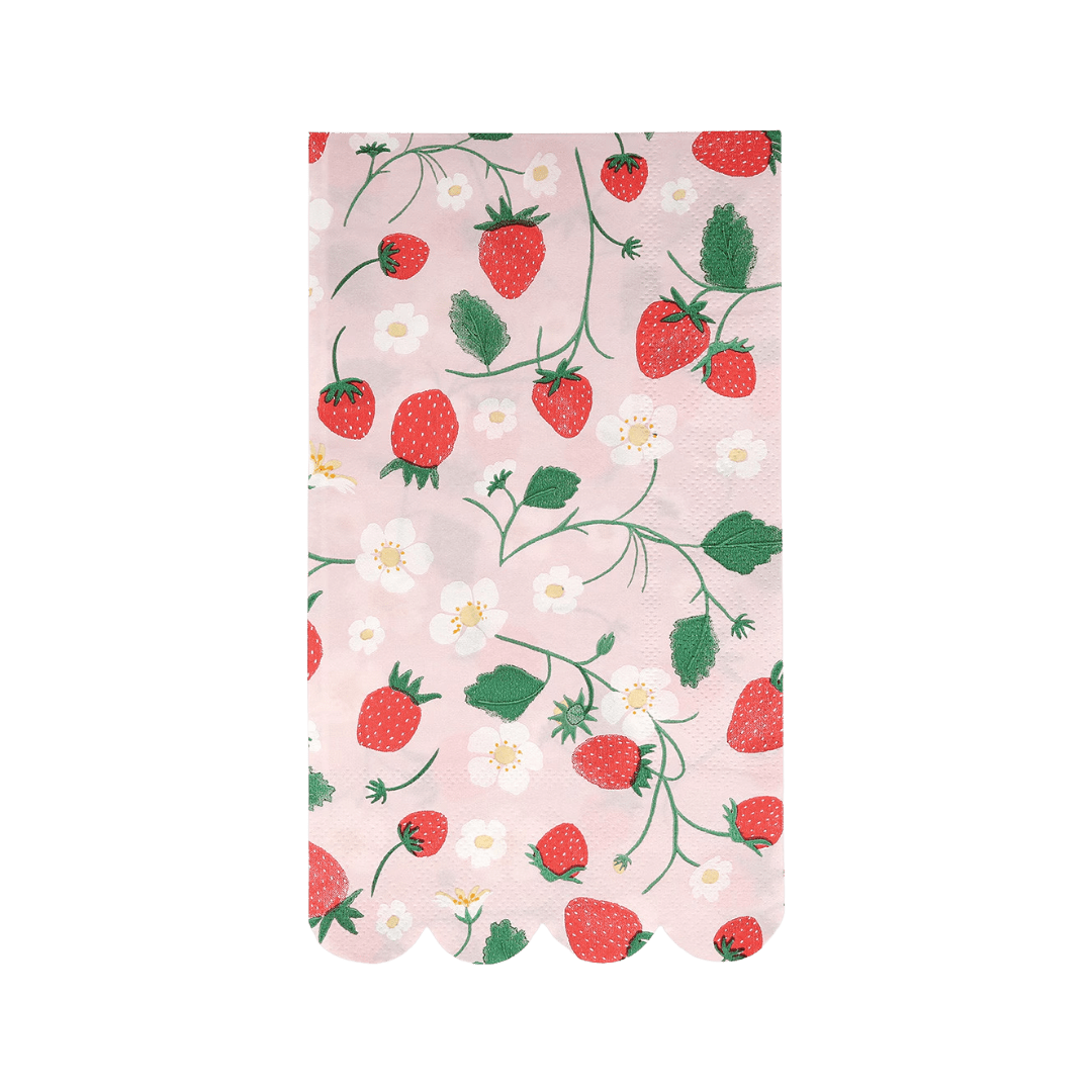 Pink strawberry napkin with white flowers for spring celebration from Parte Haus party supply store in Bethesda Maryland