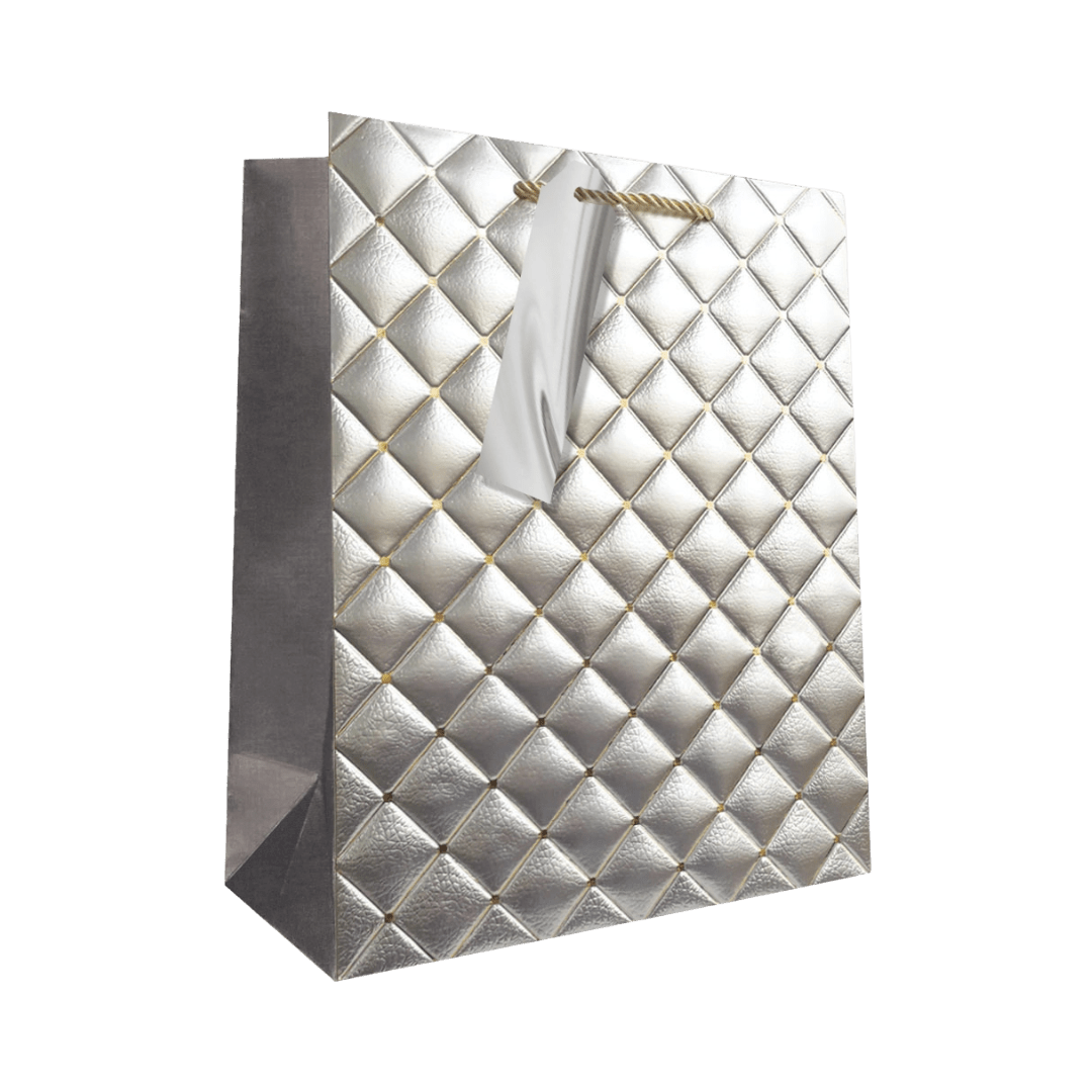Silver gift bag with quilted diamond texture for celebrations from Parte Haus party supply store in Bethesda MD