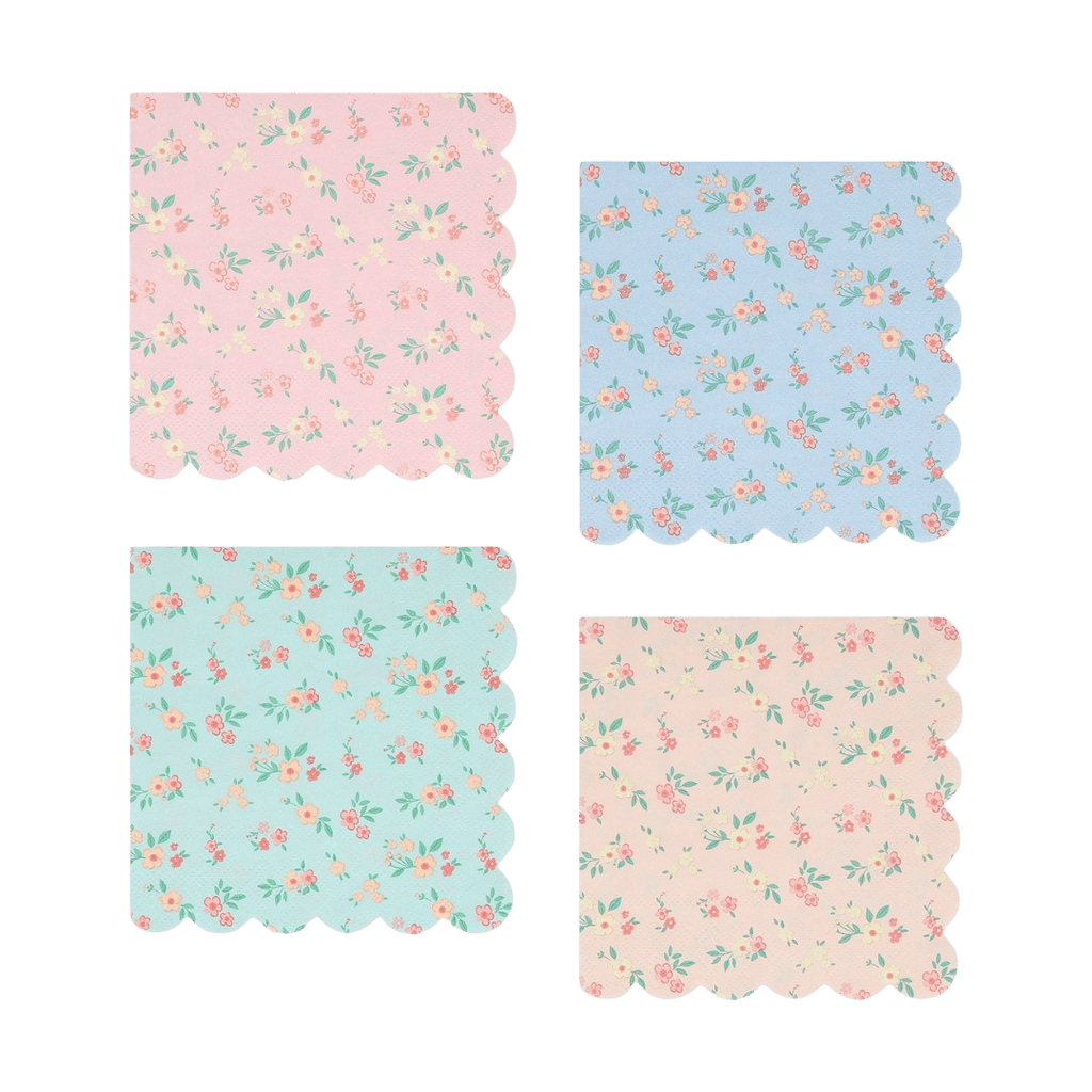 Pastel floral napkins with scalloped edges for garden theme from Parte Haus party supply store in Bethesda MD