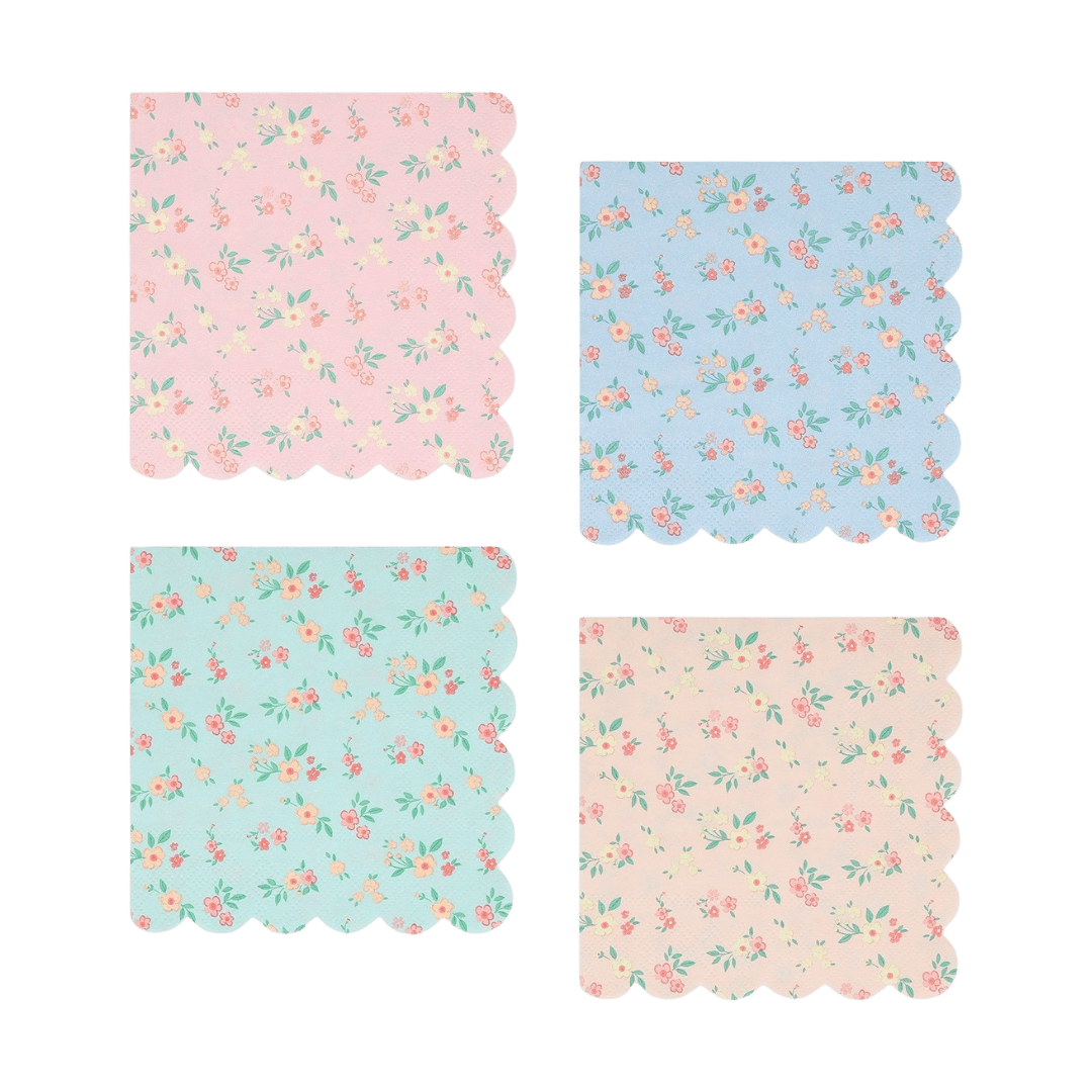 Pastel floral napkins with scalloped edges for garden theme from Parte Haus party supply store in Bethesda MD