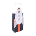 Navy blue rocket gift bag with white handles space theme from Parte Haus party supply store in Bethesda Maryland