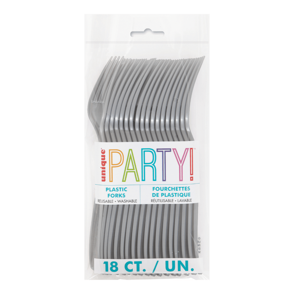 Gray plastic forks in a clear package birthday theme from Parte Haus party supply store in Bethesda MD.