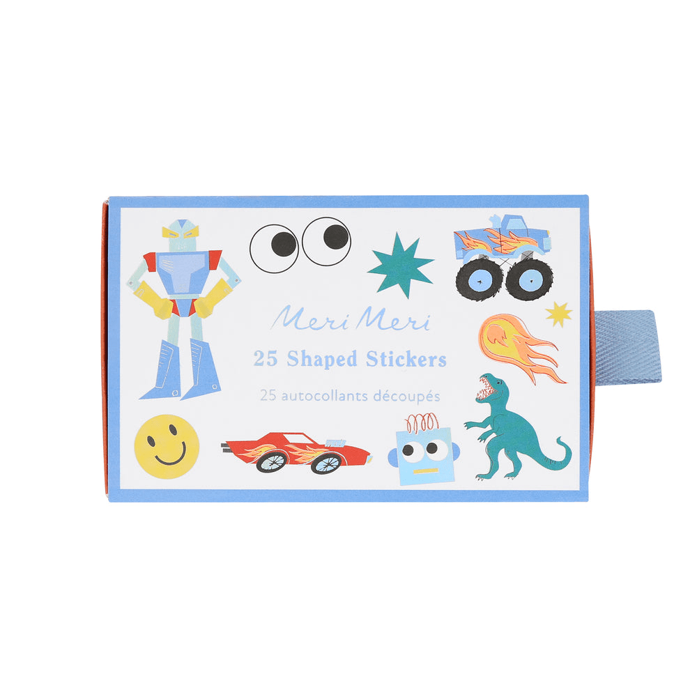 Multicolor shaped stickers box with robots cars dinosaurs from Parte Haus party supply store in Bethesda MD