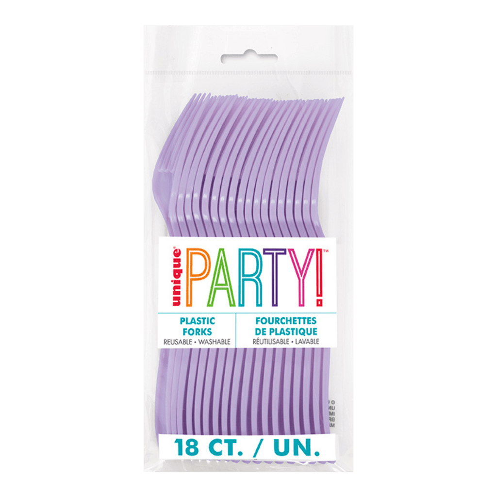 Lavender plastic forks in clear package birthday theme from Parte Haus party supply store in Bethesda MD