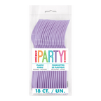 Lavender plastic forks in clear package birthday theme from Parte Haus party supply store in Bethesda MD