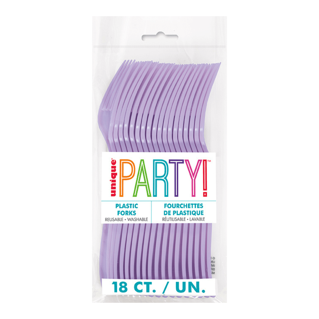 Lavender plastic forks in clear package birthday theme from Parte Haus party supply store in Bethesda MD