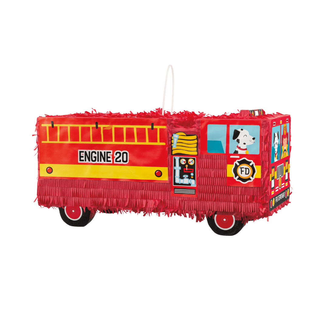 Red fire truck piñata shaped like Engine 20 for birthday from Parte Haus party supply store in Bethesda MD.