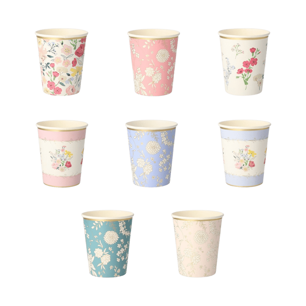 Pastel floral paper cups with various flower patterns spring theme from Parte Haus party supply store in Bethesda MD.