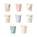 Pastel floral paper cups with various flower patterns spring theme from Parte Haus party supply store in Bethesda MD.