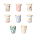 Pastel floral paper cups with various flower patterns spring theme from Parte Haus party supply store in Bethesda MD.