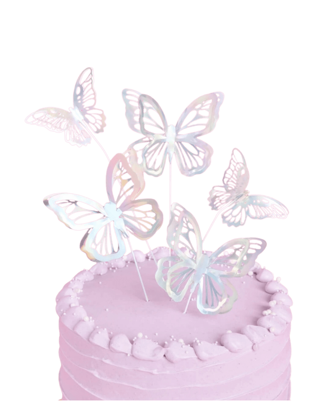 Iridescent butterfly cake toppers on pastel pink cake birthday theme from Parte Haus party supply store in Bethesda MD
