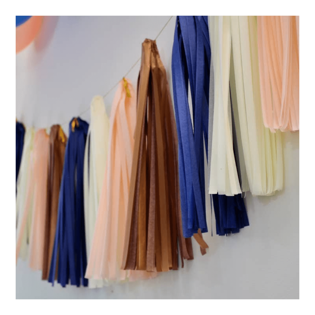 Navy blush brown tassel garland paper streamer for birthday party from Parte Haus party supply store in Bethesda MD