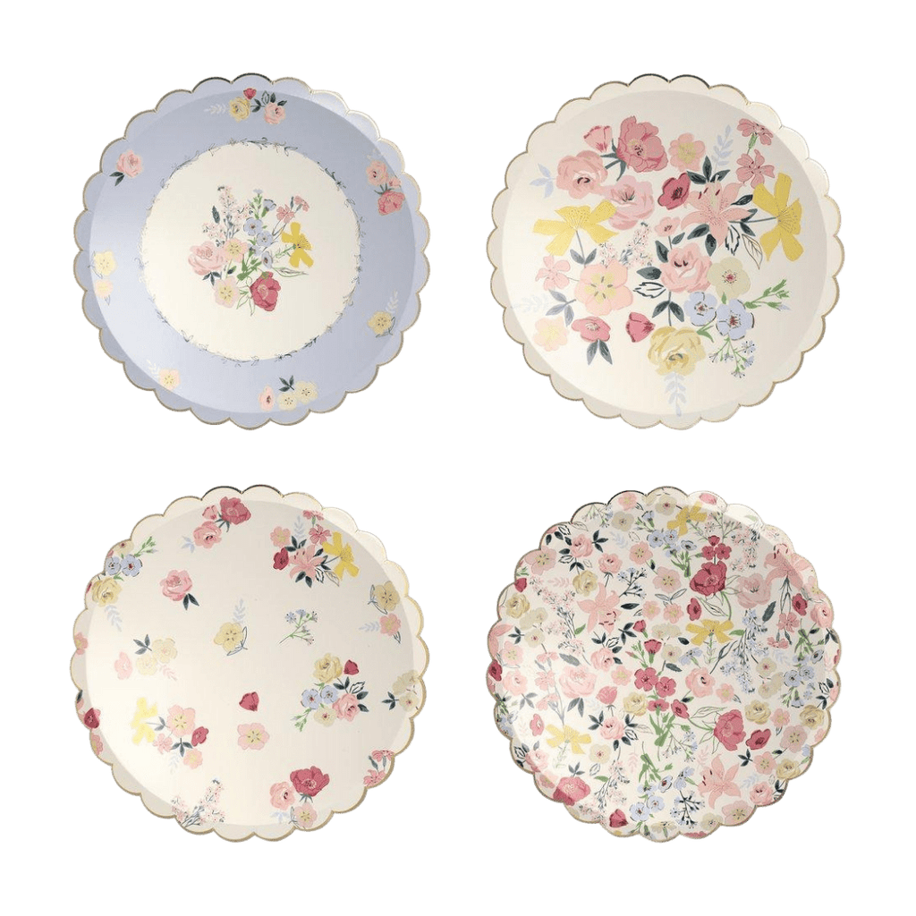 Pastel floral paper plates with scalloped edge spring garden theme from Parte Haus party supply store in Bethesda MD