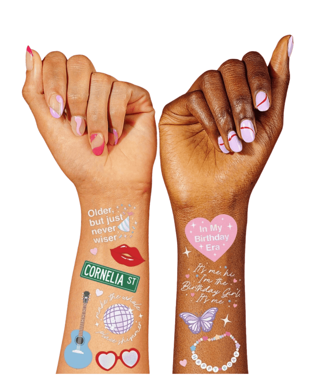 Colorful birthday temporary tattoos with party icons and phrases on hands from Parte Haus party supply store in Bethesda MD