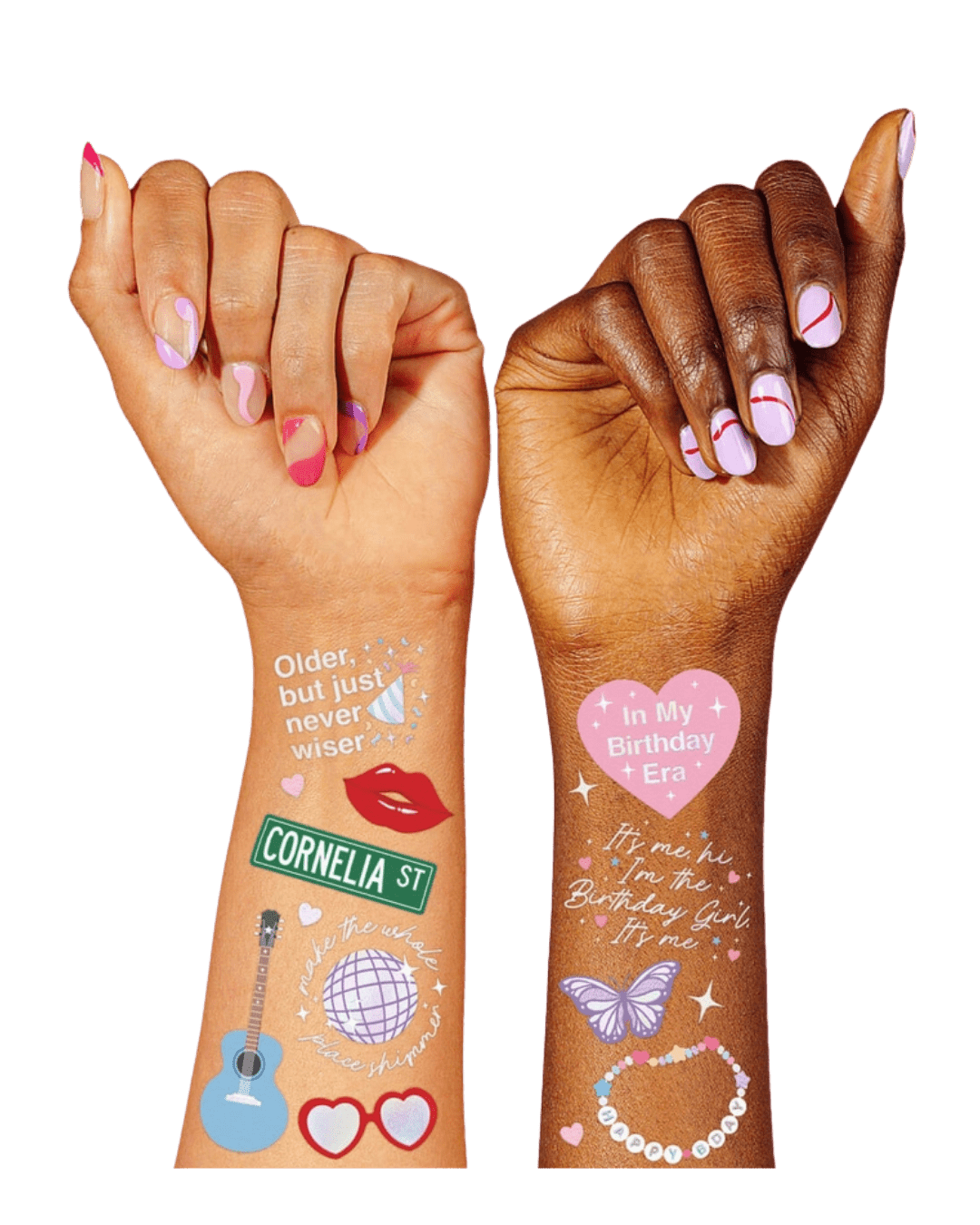 Colorful birthday temporary tattoos with party icons and phrases on hands from Parte Haus party supply store in Bethesda MD