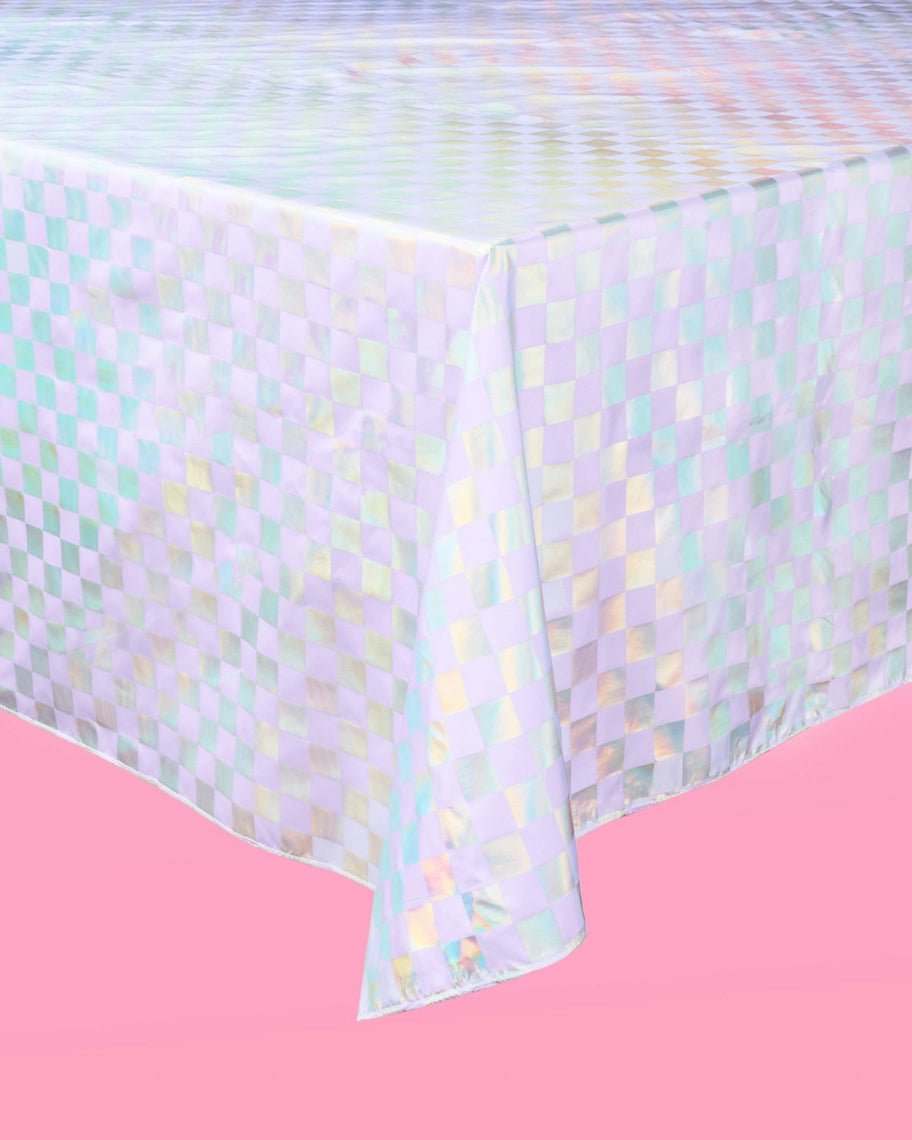 Iridescent checkered tablecloth modern decor for celebrations from Parte Haus party supply store in Bethesda Maryland