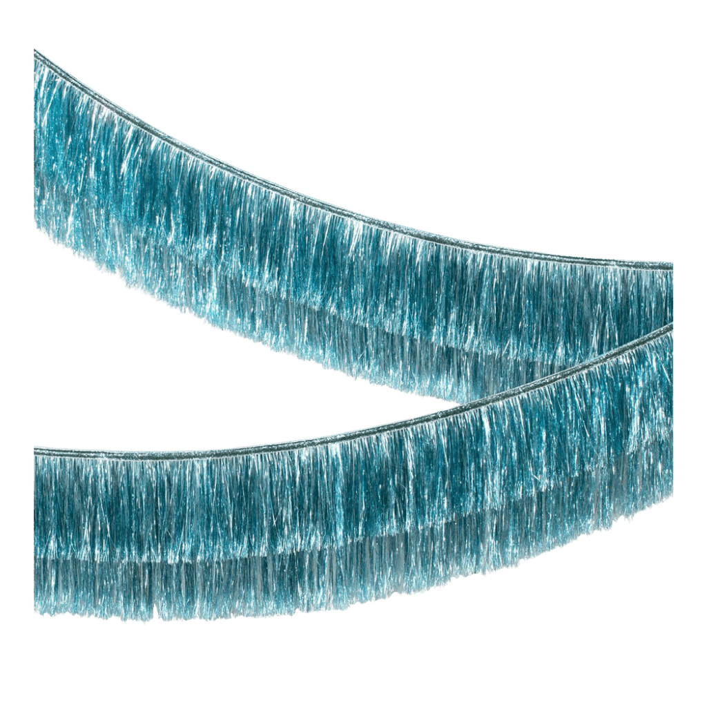 Blue tinsel garland shiny fringe streamer for birthday from Parte Haus party supply store in Bethesda MD
