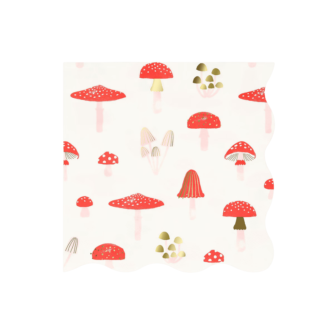 Red mushroom napkin whimsical woodland design for birthday from Parte Haus party supply store in Bethesda Maryland