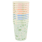 Pastel floral paper cups with daisy print spring theme from Parte Haus party supply store in Bethesda Maryland