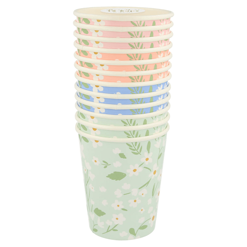 Pastel floral paper cups with daisy print spring theme from Parte Haus party supply store in Bethesda Maryland