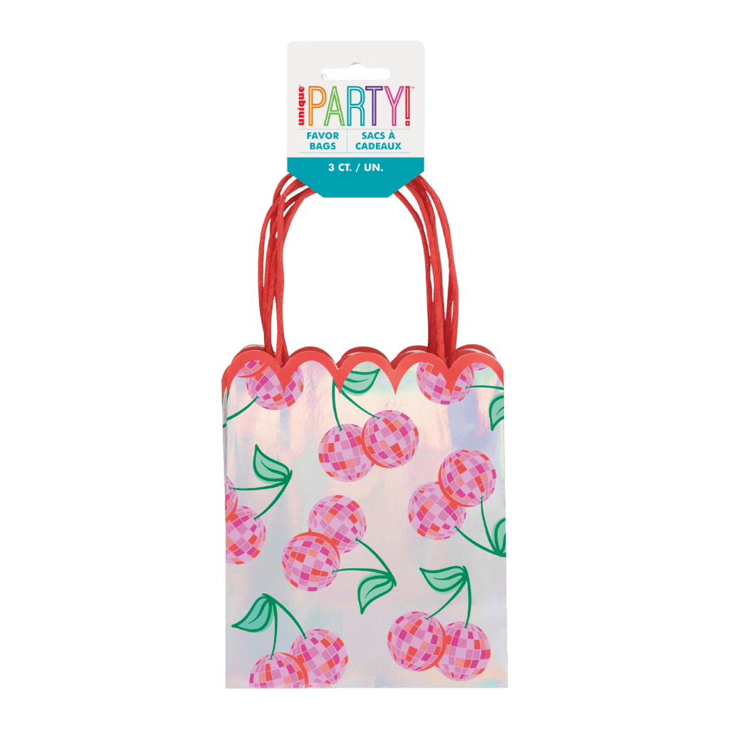 Pink cherry favor bag with red handles for birthday celebration from Parte Haus party supply store in Bethesda Maryland