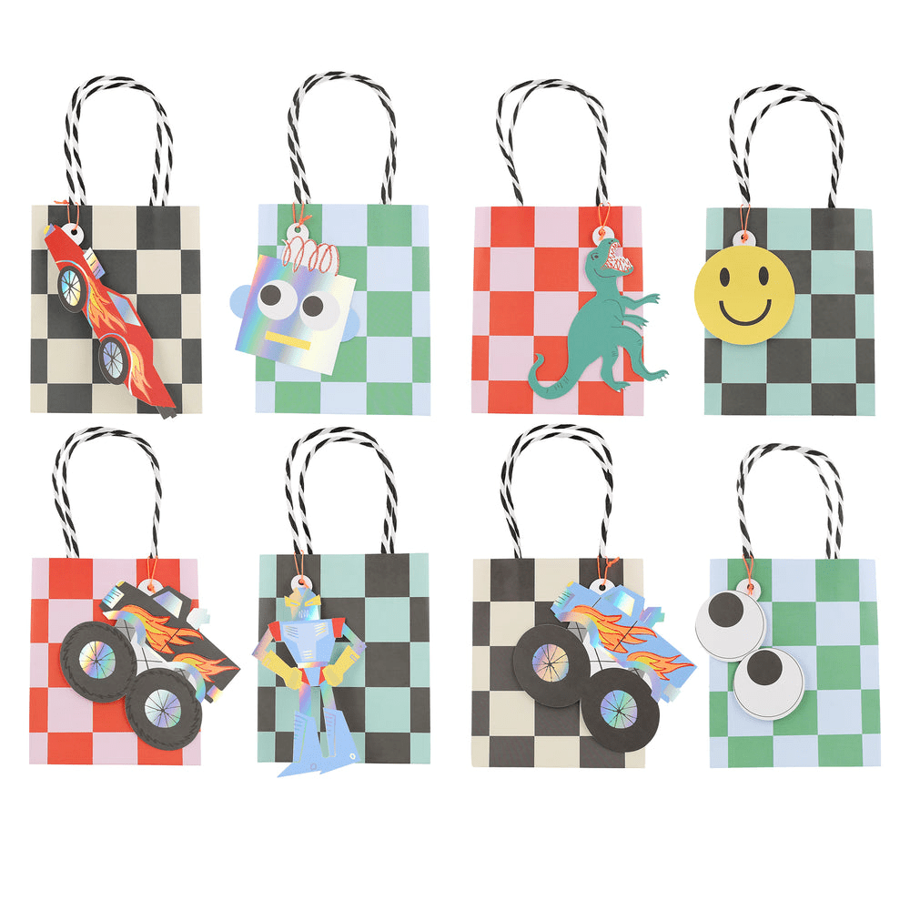 Multicolor checkered gift bags with race car robot dinosaur smiley face designs birthday theme from Parte Haus party supply store in Bethesda MD.