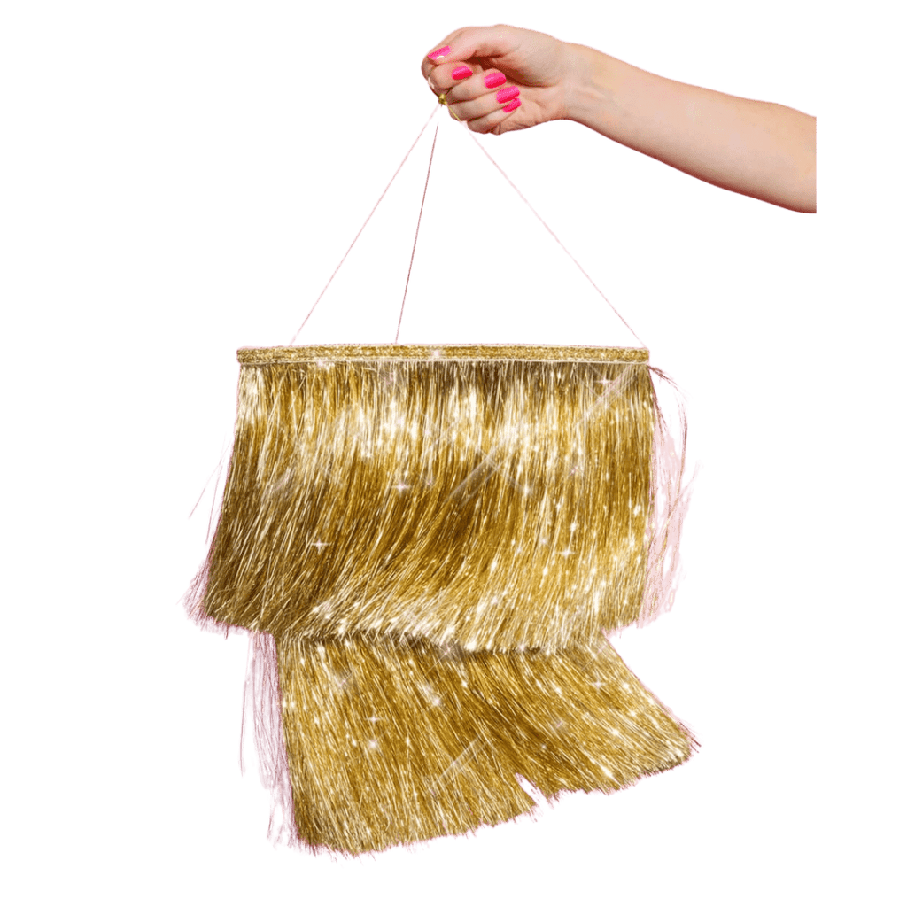 Gold fringe piñata with pink string for celebration from Parte Haus party supply store in Bethesda Maryland
