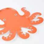 Orange octopus shaped plate with white spots ocean theme from Parte Haus party supply store in Bethesda Maryland