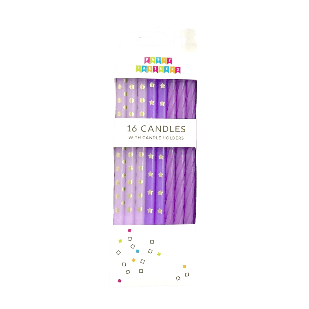 Purple birthday candles with gold stars from Parte Haus party supply store in Bethesda Maryland