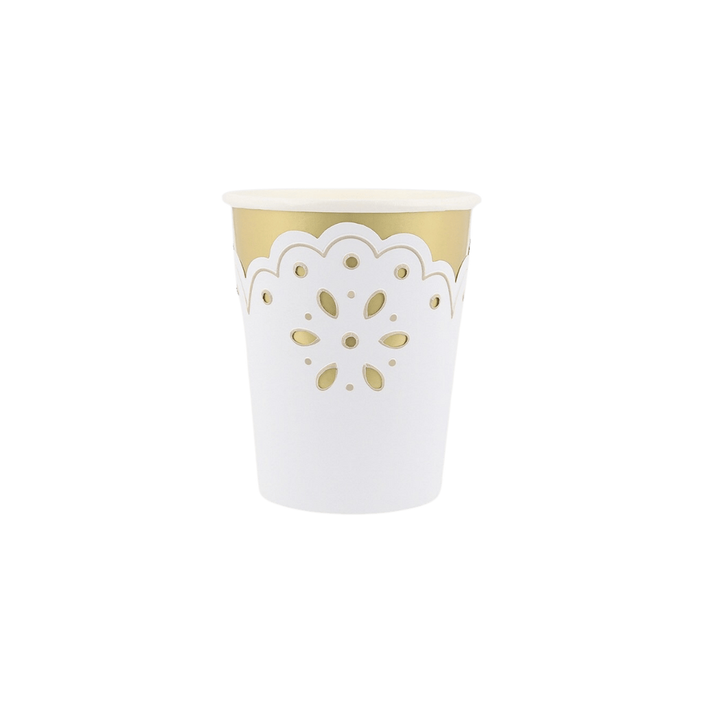 Gold and white cup with floral cutout design for celebration from Parte Haus party supply store in Bethesda MD.