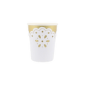 Gold and white cup with floral cutout design for celebration from Parte Haus party supply store in Bethesda MD.
