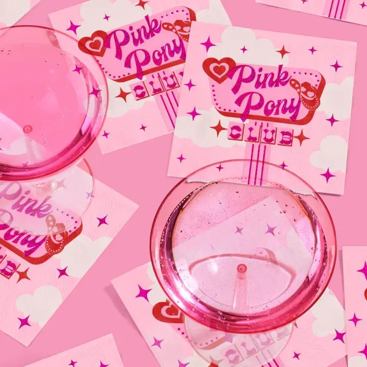 Pink Pink Pony Club paper napkins with drinks bachelorette theme from Parte Haus party supply store in Bethesda MD.