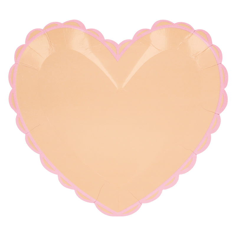 Peach heart paper plate with pink scalloped edge for birthday from Parte Haus party supply store in Bethesda Maryland