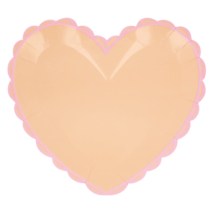 Peach heart paper plate with pink scalloped edge for birthday from Parte Haus party supply store in Bethesda Maryland
